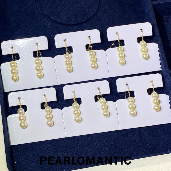 [Fine Jewelry] Natural Golden Akoya Pearl Triple Drop Threader Earrings in 18K Gold