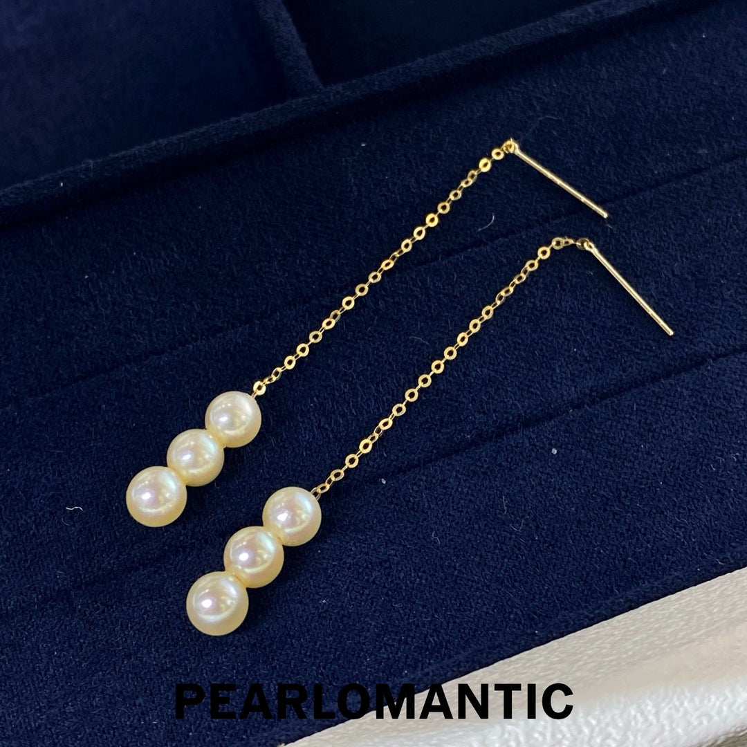 [Fine Jewelry] Natural Golden Akoya Pearl Triple Drop Threader Earrings in 18K Gold