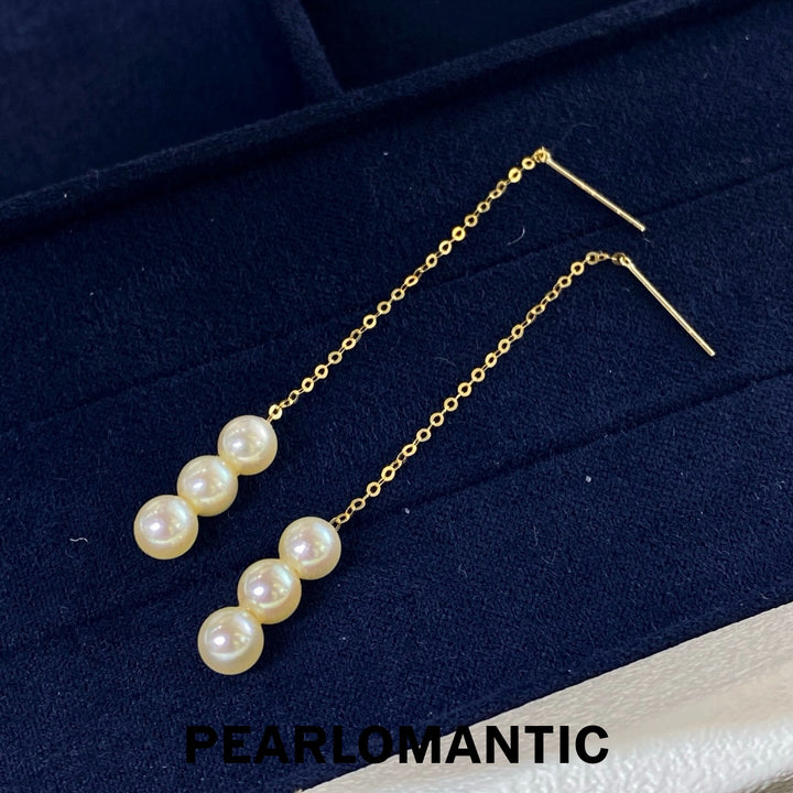 [Fine Jewelry] Natural Golden Akoya Pearl Triple Drop Threader Earrings in 18K Gold