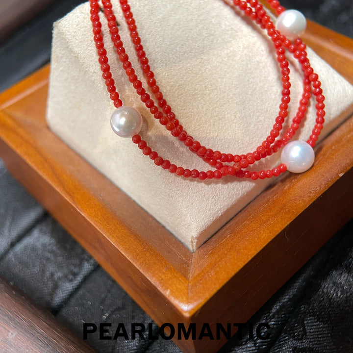 [Designer’s Choice] Crimson Tide Coral &amp; Akoya Triple-Strand Bracelet