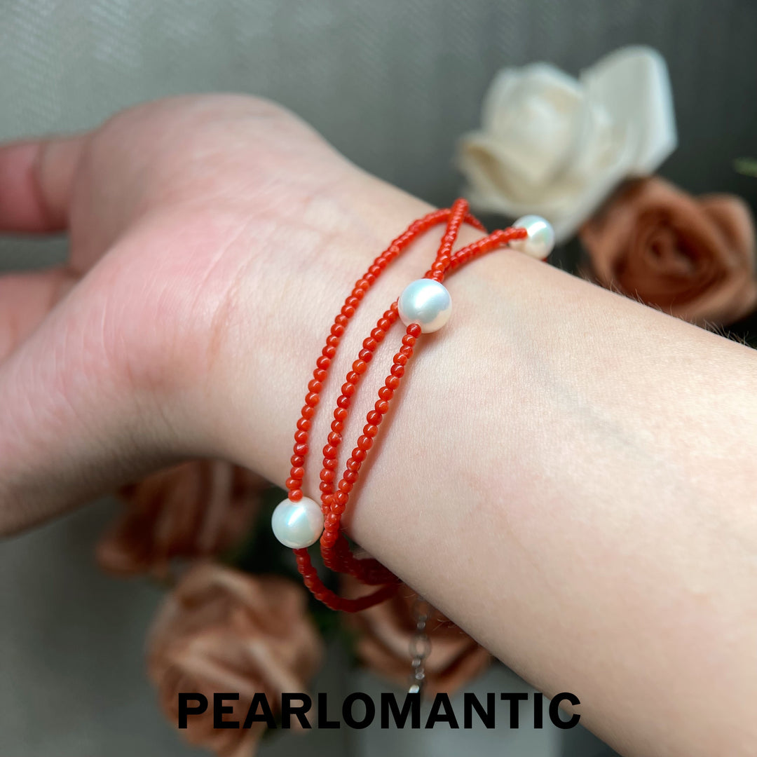 [Designer’s Choice] Crimson Tide Coral &amp; Akoya Triple-Strand Bracelet