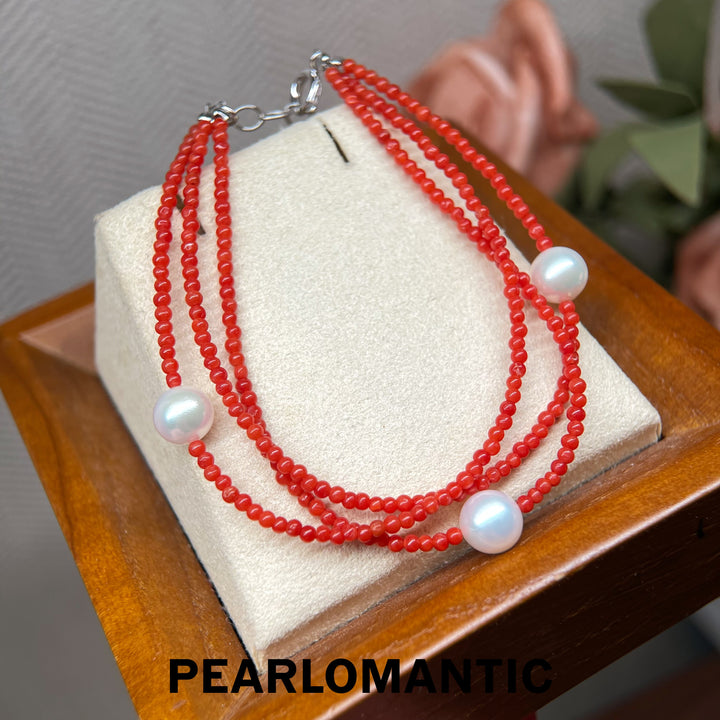 [Designer’s Choice] Crimson Tide Coral &amp; Akoya Triple-Strand Bracelet