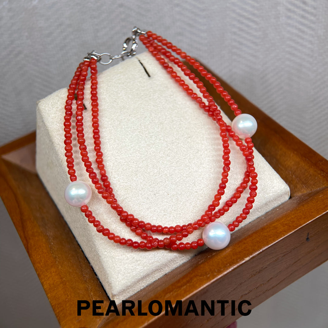 [Designer’s Choice] Crimson Tide Coral &amp; Akoya Triple-Strand Bracelet