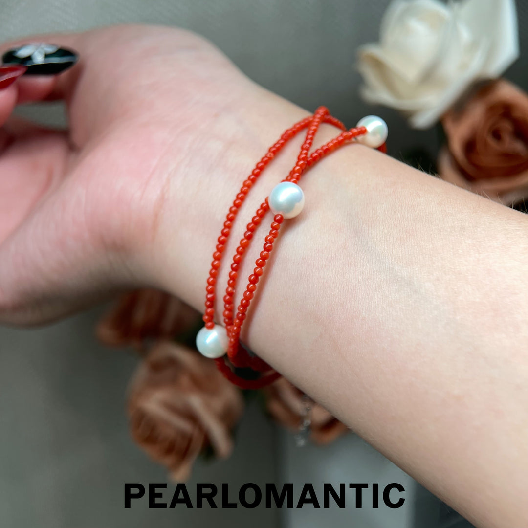 [Designer’s Choice] Crimson Tide Coral &amp; Akoya Triple-Strand Bracelet