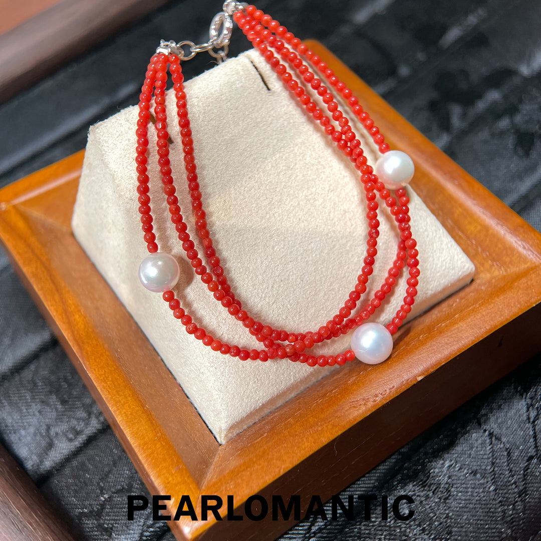 [Designer’s Choice] Crimson Tide Coral &amp; Akoya Triple-Strand Bracelet