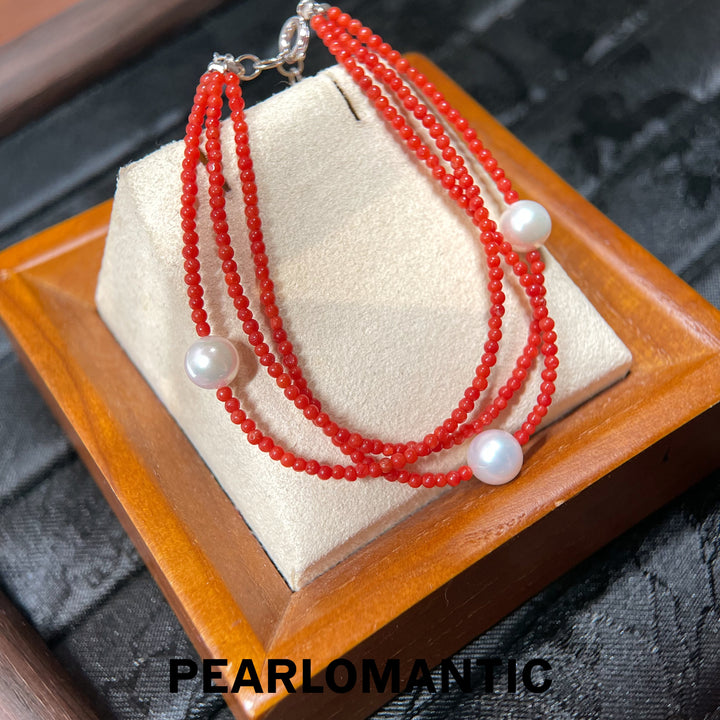[Designer’s Choice] Crimson Tide Coral &amp; Akoya Triple-Strand Bracelet