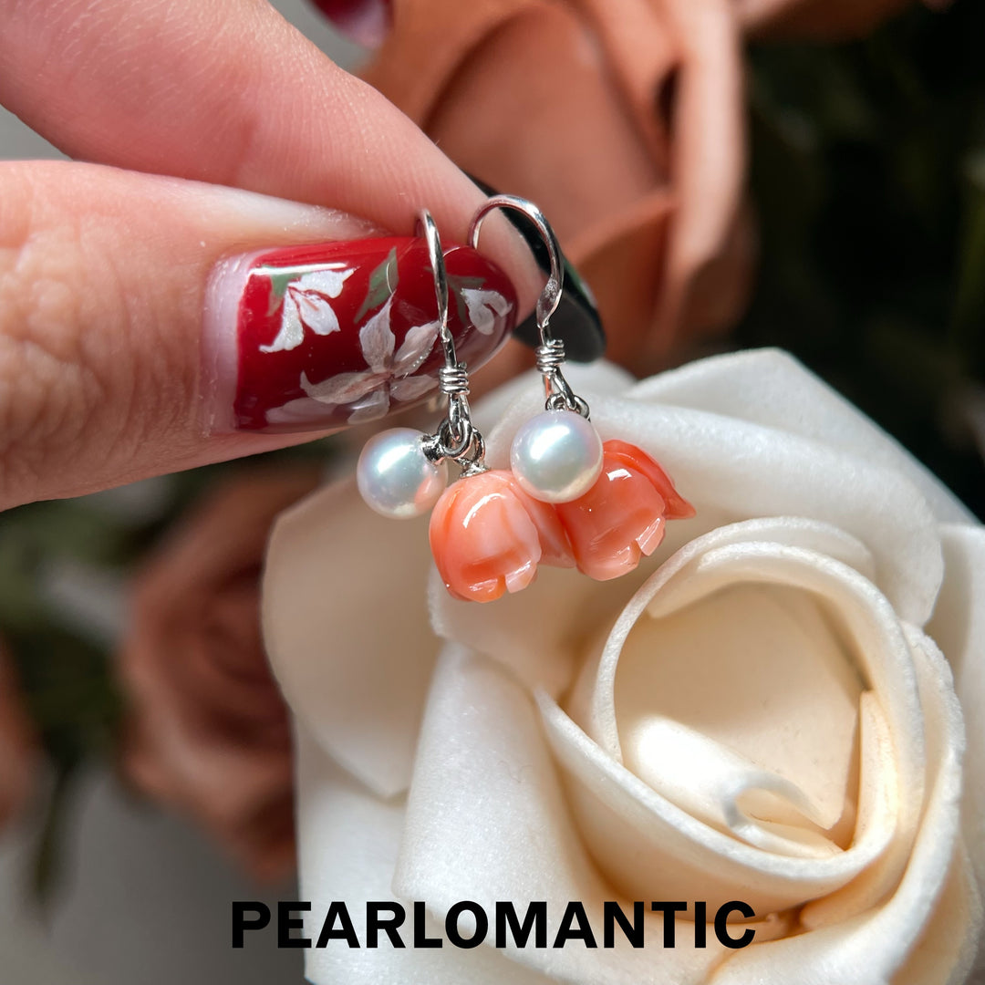 [Designer’s Choice] Petite Rosebud Angel Skin Coral &amp; Akoya Pearl Drop Earrings