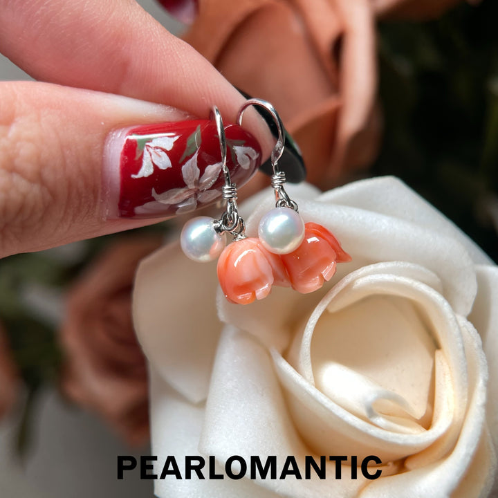 [Designer’s Choice] Petite Rosebud Angel Skin Coral &amp; Akoya Pearl Drop Earrings