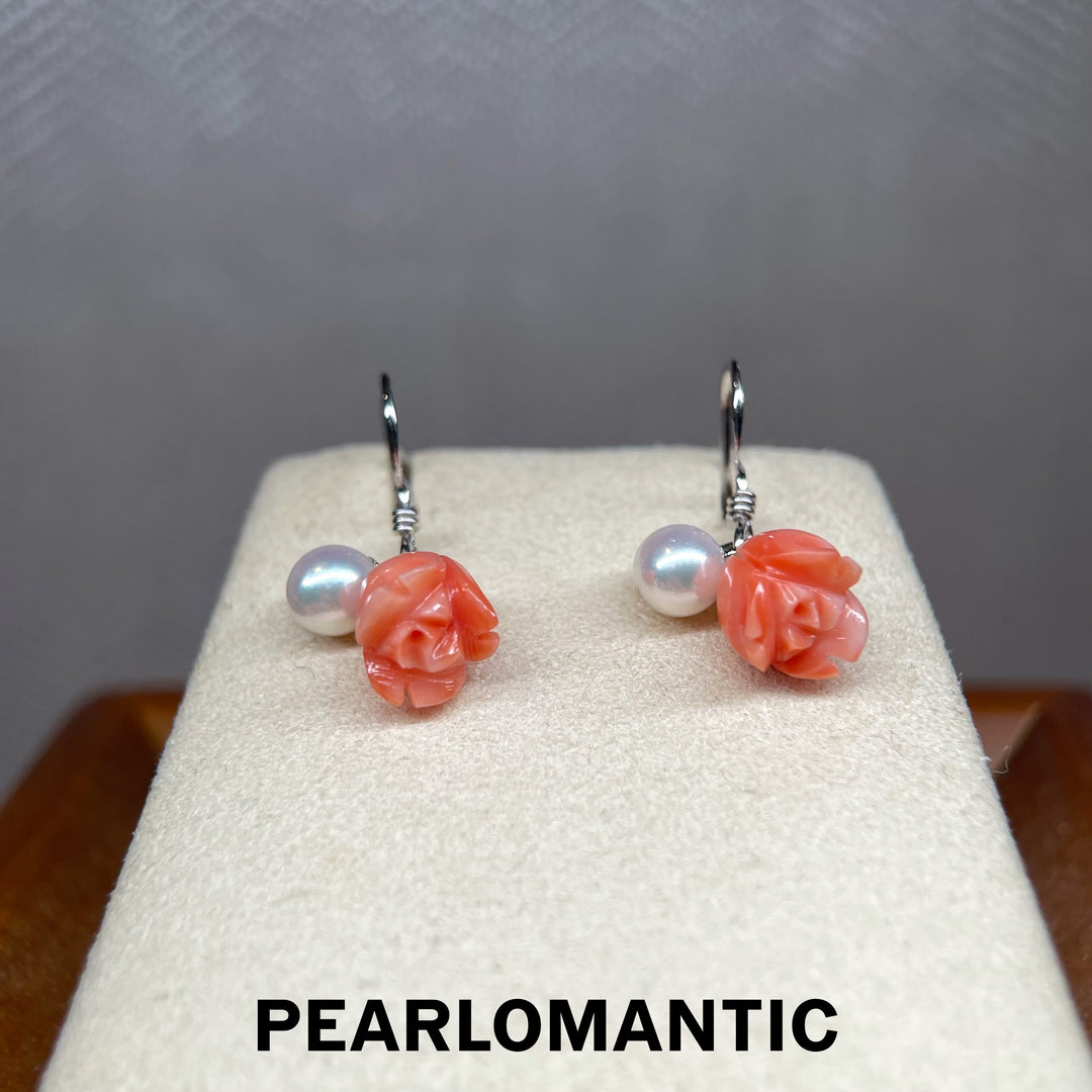 [Designer’s Choice] Petite Rosebud Angel Skin Coral &amp; Akoya Pearl Drop Earrings