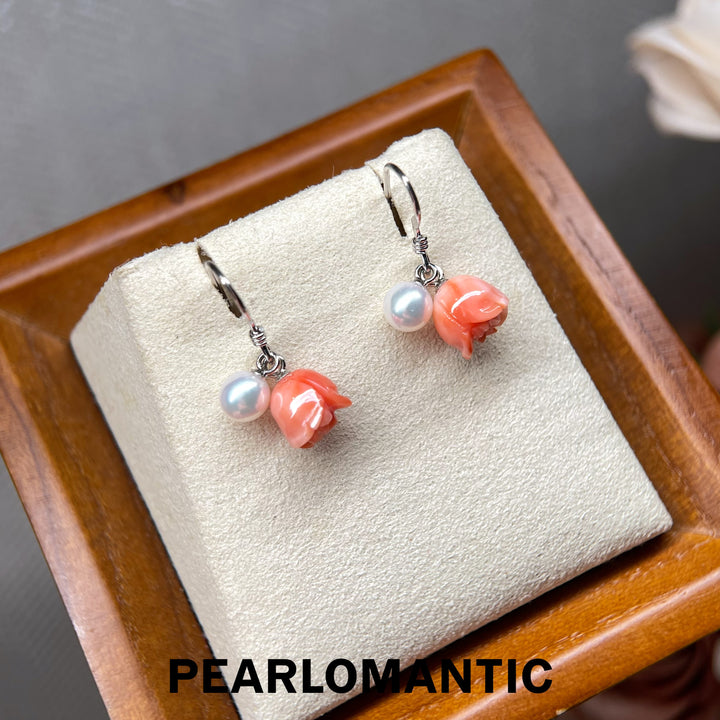 [Designer’s Choice] Petite Rosebud Angel Skin Coral &amp; Akoya Pearl Drop Earrings