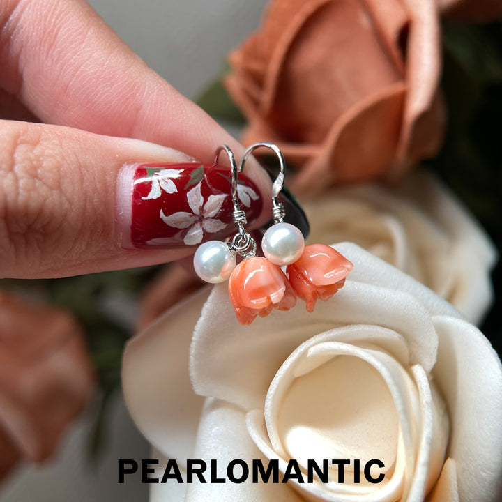 [Designer’s Choice] Petite Rosebud Angel Skin Coral &amp; Akoya Pearl Drop Earrings