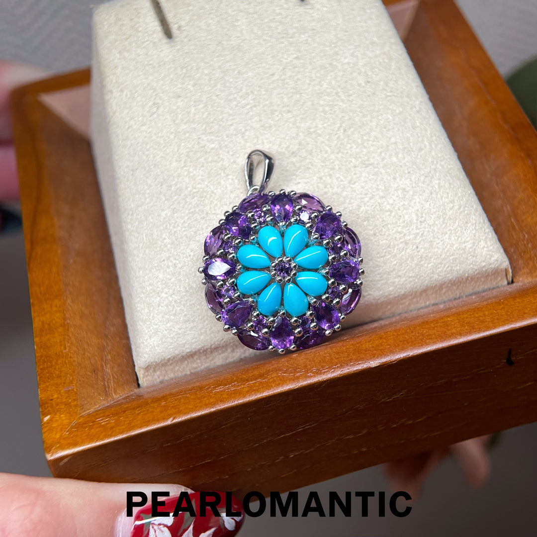 [Designer’s Choice] Violet Bloom Natural Turquoise &amp; Amethyst Floral Pendant