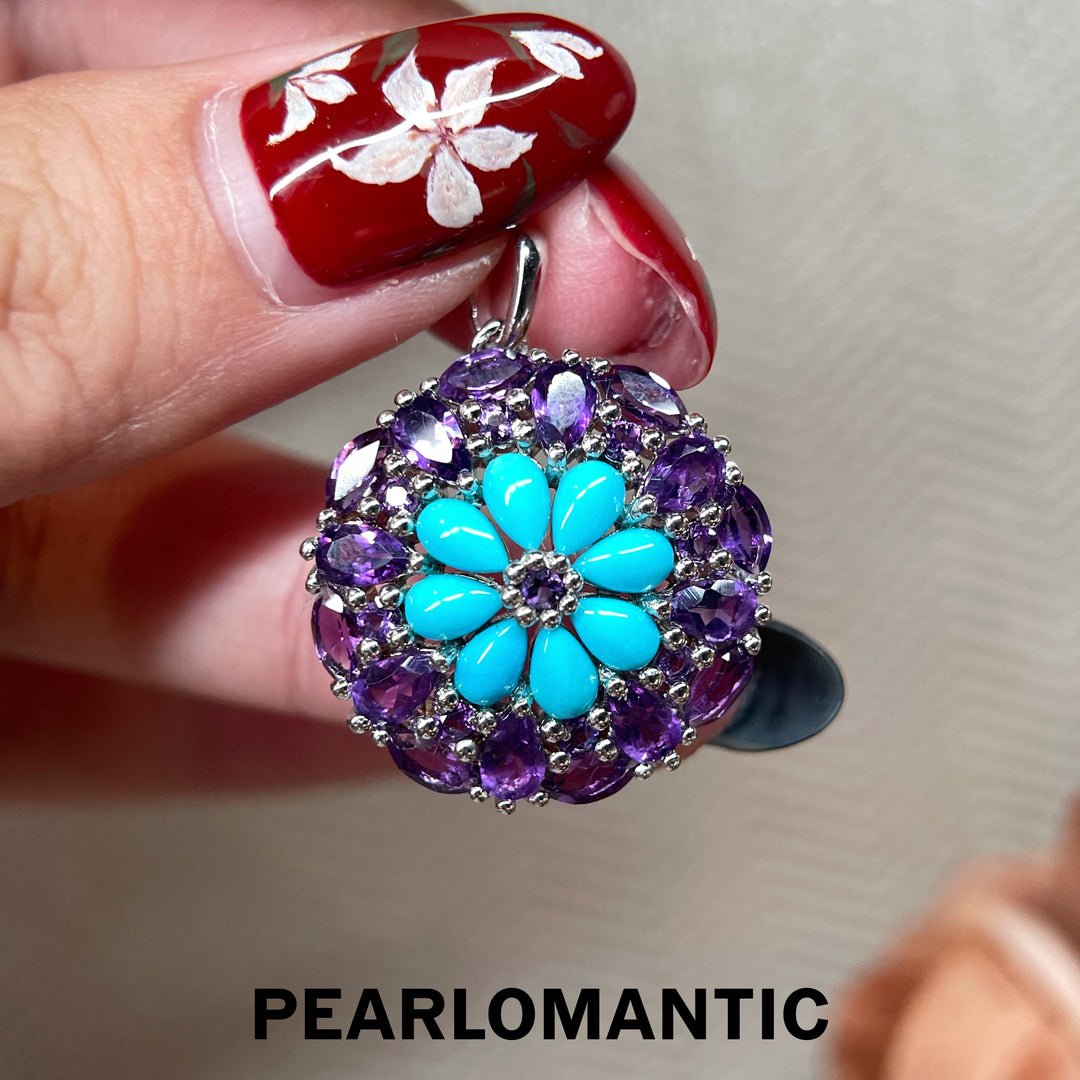 [Designer’s Choice] Violet Bloom Natural Turquoise &amp; Amethyst Floral Pendant