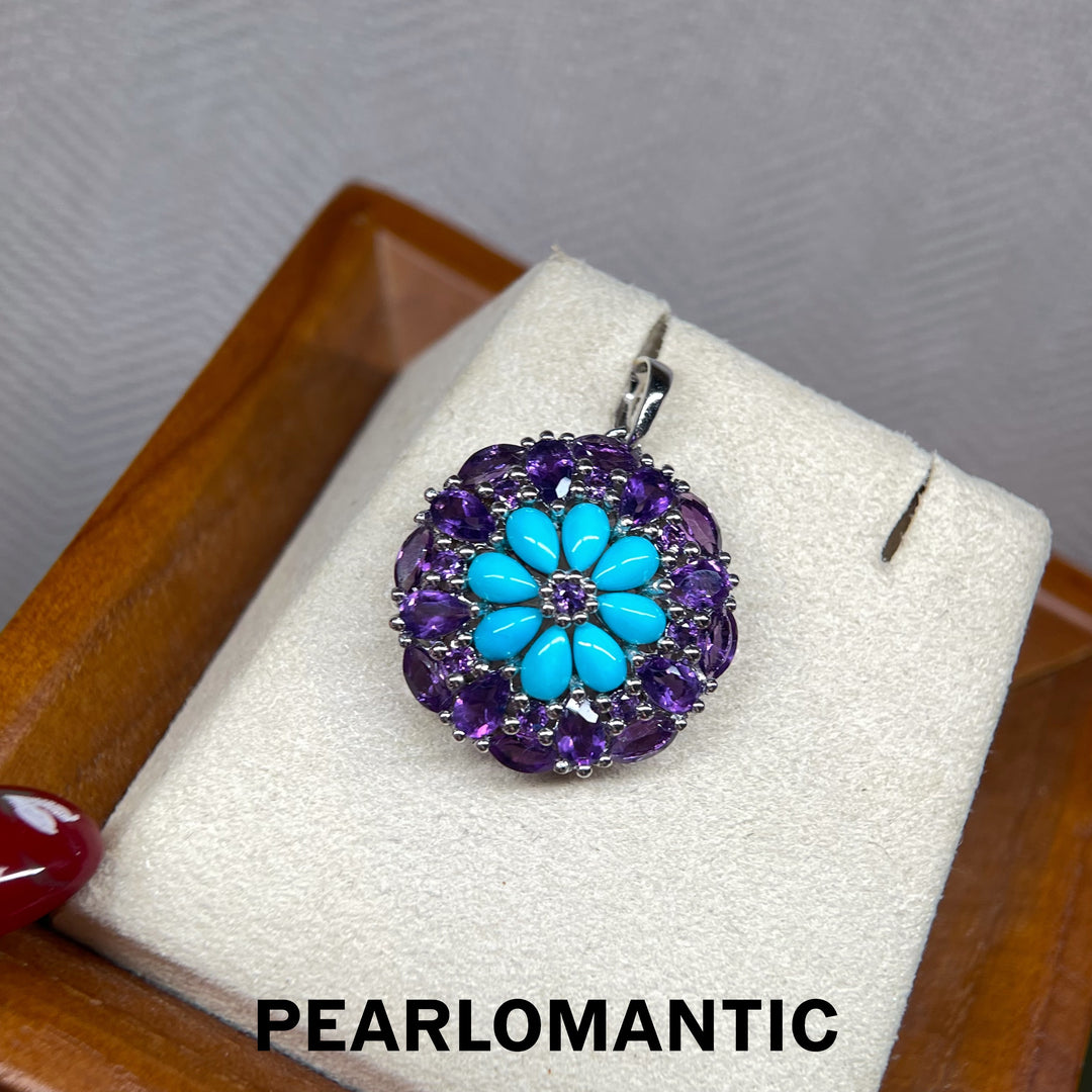 [Designer’s Choice] Violet Bloom Natural Turquoise &amp; Amethyst Floral Pendant