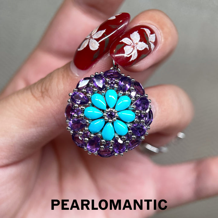 [Designer’s Choice] Violet Bloom Natural Turquoise &amp; Amethyst Floral Pendant