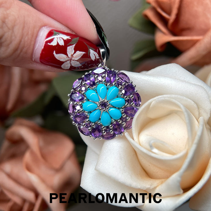 [Designer’s Choice] Violet Bloom Natural Turquoise &amp; Amethyst Floral Pendant