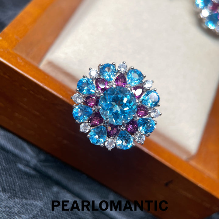 [Designer’s Choice] Sky Blossom Natural Blue Topaz &amp; Garnet Flower Ring