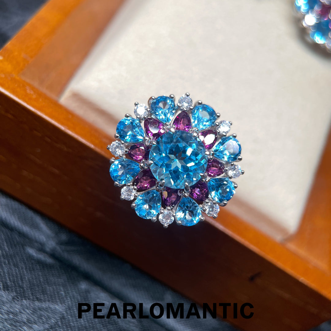 [Designer’s Choice] Aqua Bloom Natural Blue Topaz &amp; Garnet Floral Jewelry Set