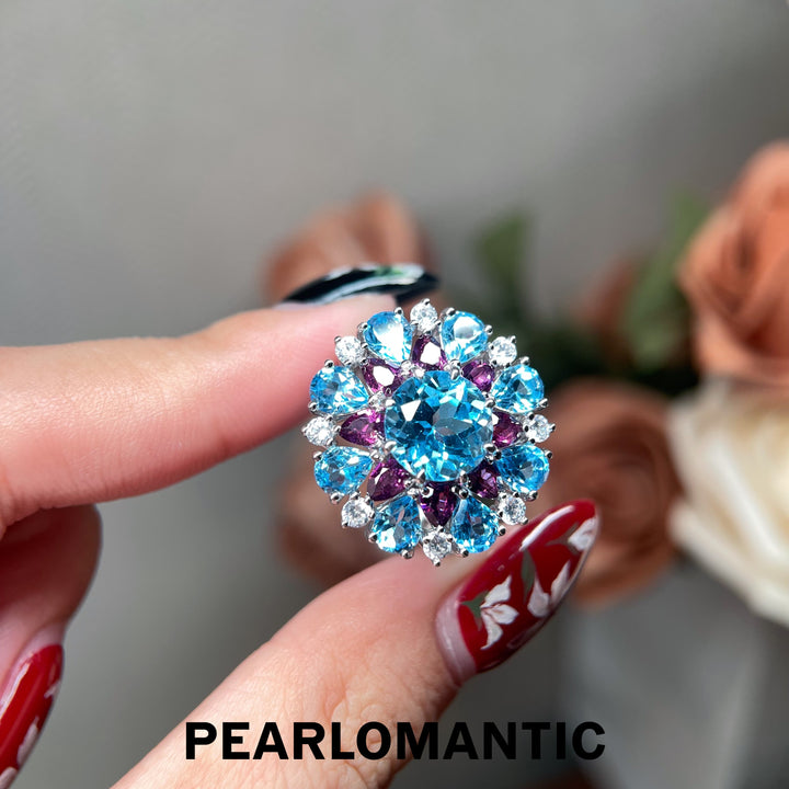 [Designer’s Choice] Aqua Bloom Natural Blue Topaz &amp; Garnet Floral Jewelry Set