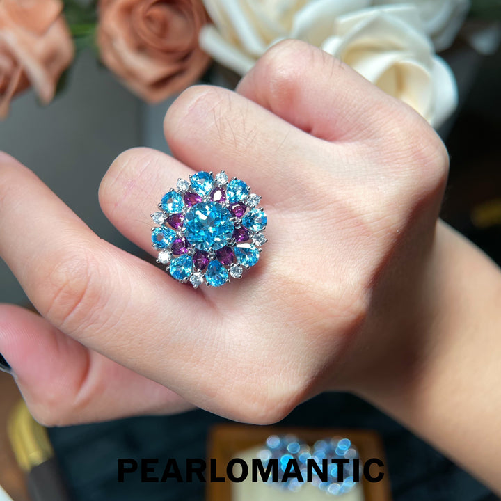 [Designer’s Choice] Sky Blossom Natural Blue Topaz &amp; Garnet Flower Ring