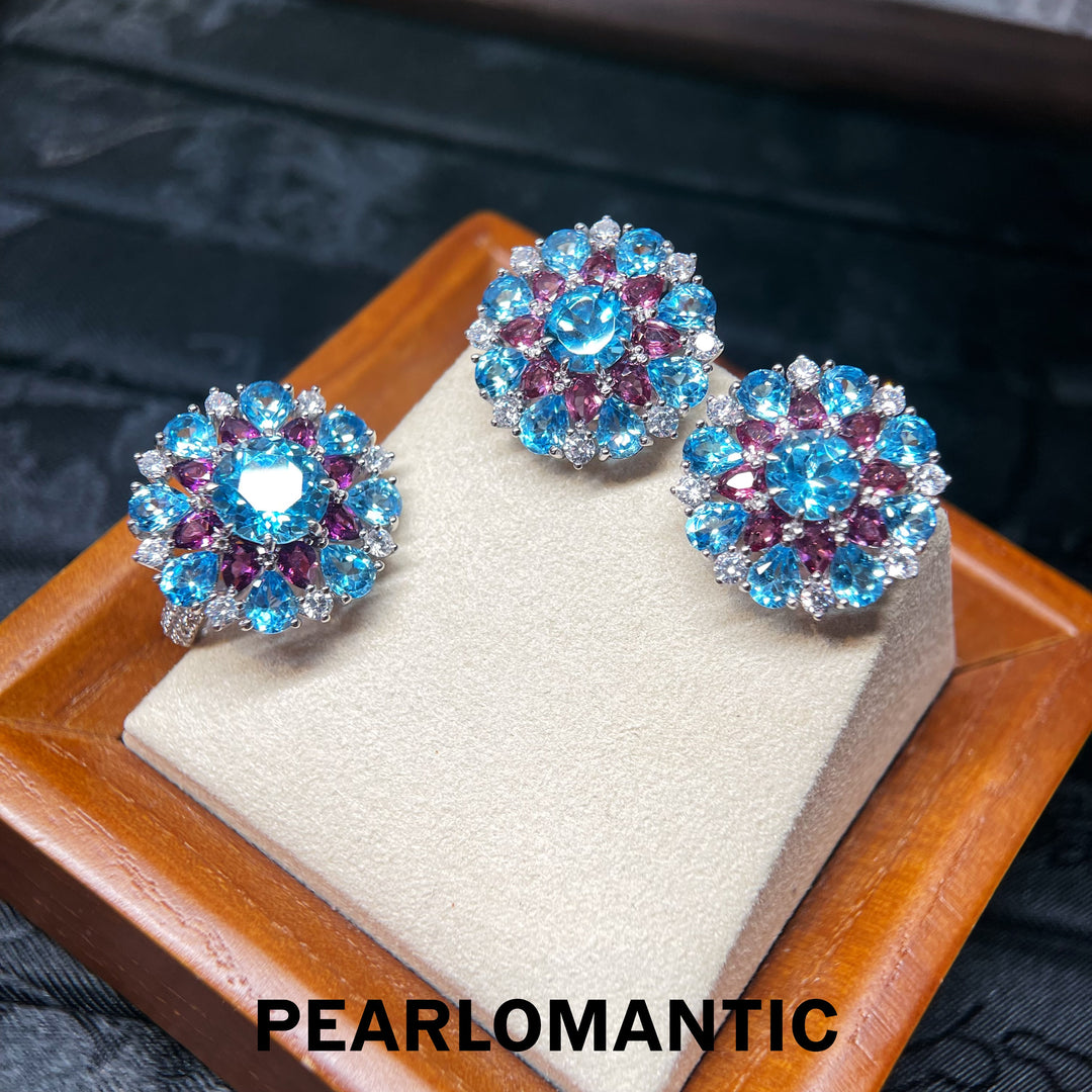 [Designer’s Choice] Sky Blossom Natural Blue Topaz &amp; Garnet Statement Stud Earrings