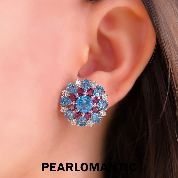 [Designer’s Choice] Aqua Bloom Natural Blue Topaz &amp; Garnet Floral Jewelry Set