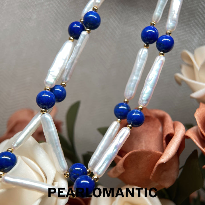 [Designer’s Choice] Blue Rhythm 5A Freshwater Pearl Baroque &amp; Lapis Lazuli Long Necklace