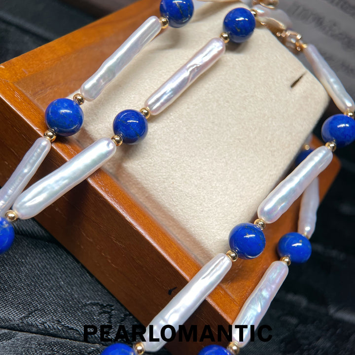 [Designer’s Choice] Blue Rhythm 5A Freshwater Pearl Baroque &amp; Lapis Lazuli Long Necklace