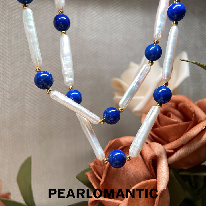 [Designer’s Choice] Blue Rhythm 5A Freshwater Pearl Baroque &amp; Lapis Lazuli Long Necklace
