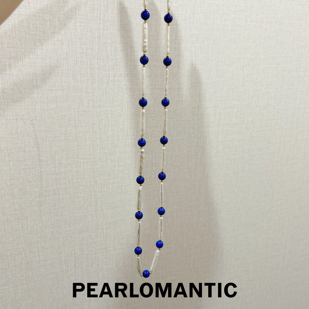 [Designer’s Choice] Blue Rhythm 5A Freshwater Pearl Baroque &amp; Lapis Lazuli Long Necklace