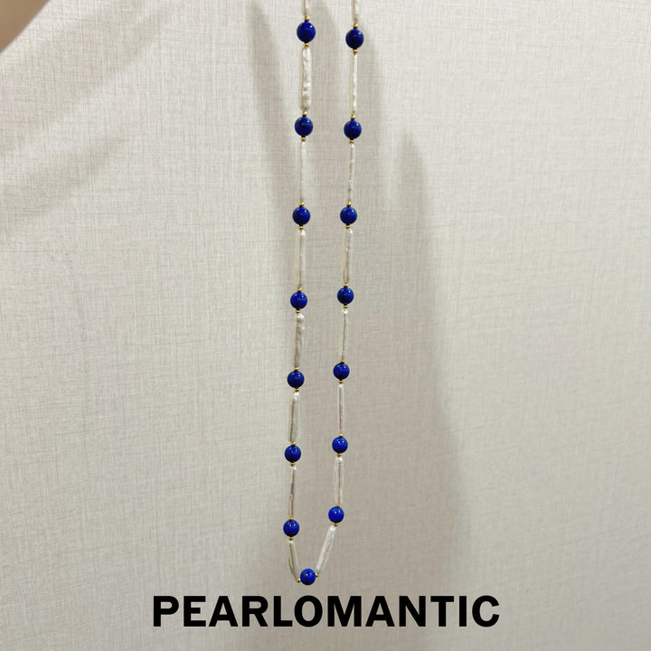 [Designer’s Choice] Blue Rhythm 5A Freshwater Pearl Baroque &amp; Lapis Lazuli Long Necklace