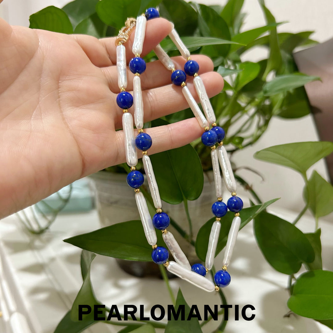 [Designer’s Choice] Blue Rhythm 5A Freshwater Pearl Baroque &amp; Lapis Lazuli Long Necklace