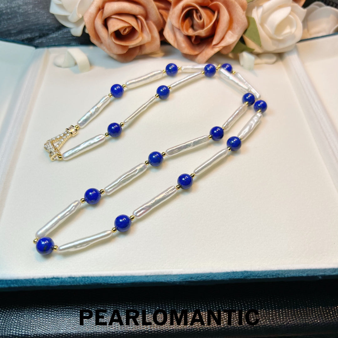 [Designer’s Choice] Blue Rhythm 5A Freshwater Pearl Baroque &amp; Lapis Lazuli Long Necklace