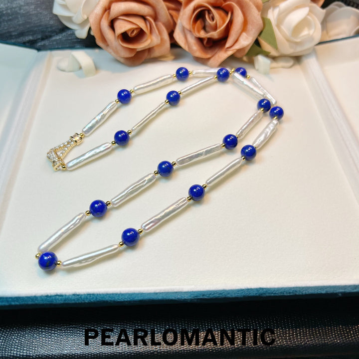 [Designer’s Choice] Blue Rhythm 5A Freshwater Pearl Baroque &amp; Lapis Lazuli Long Necklace