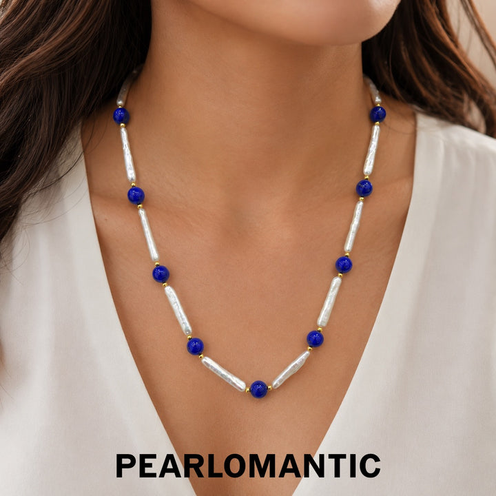 [Designer’s Choice] Blue Rhythm 5A Freshwater Pearl Baroque &amp; Lapis Lazuli Long Necklace