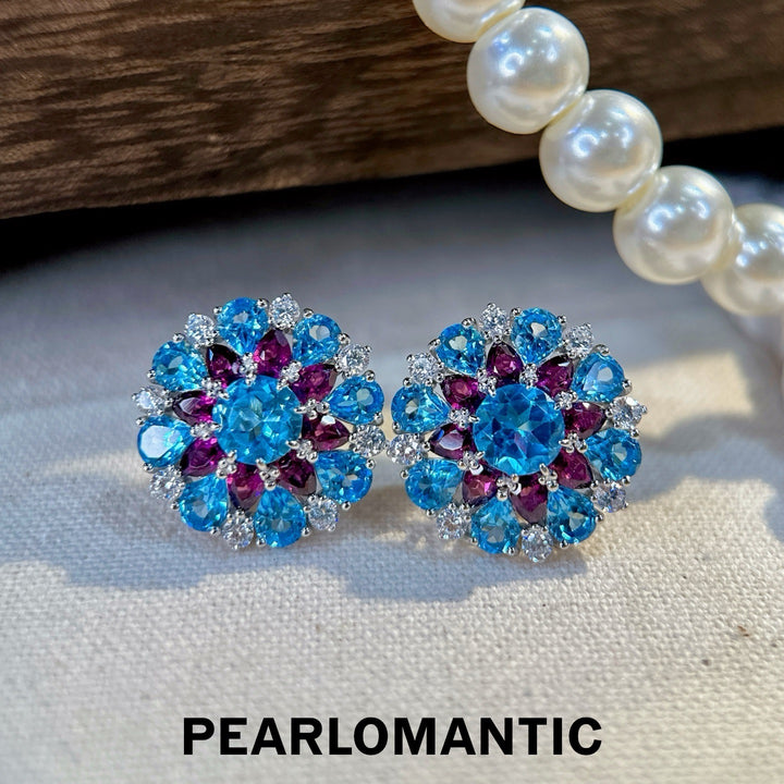 [Designer’s Choice] Sky Blossom Natural Blue Topaz &amp; Garnet Statement Stud Earrings