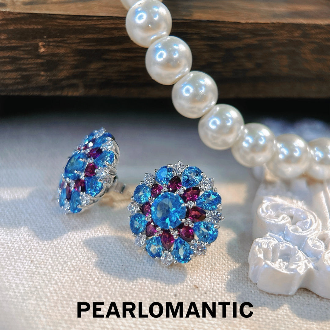 [Designer’s Choice] Sky Blossom Natural Blue Topaz &amp; Garnet Statement Stud Earrings