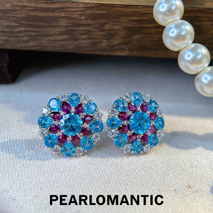 [Designer’s Choice] Aqua Bloom Natural Blue Topaz &amp; Garnet Floral Jewelry Set
