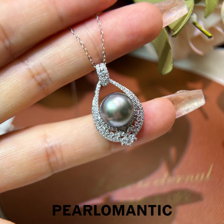 [Designer’s Choice] Platinum Mist Tahitian Pearl S925 Halo Pendant Necklace