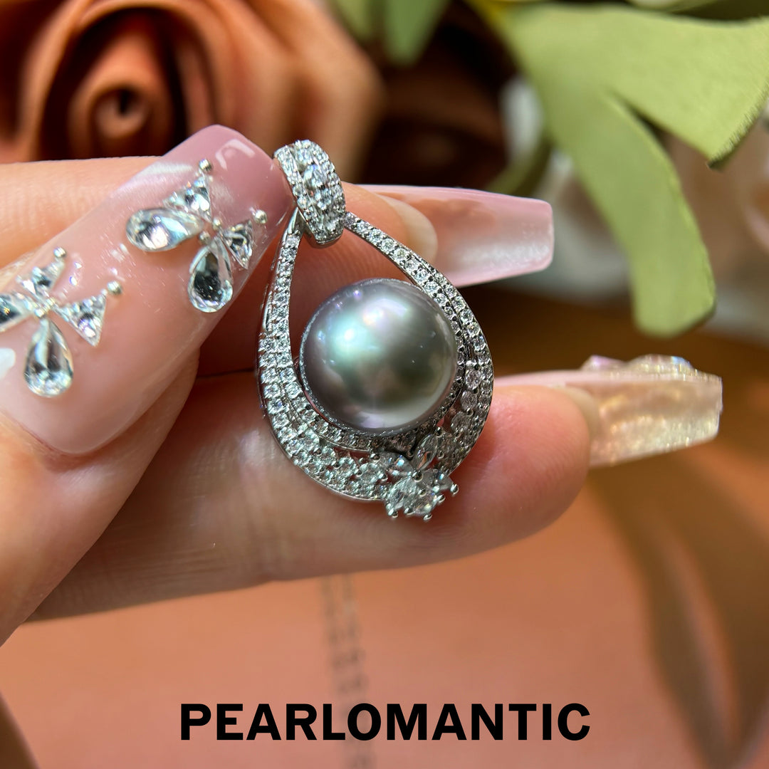 [Designer’s Choice] Platinum Mist Tahitian Pearl S925 Halo Pendant Necklace
