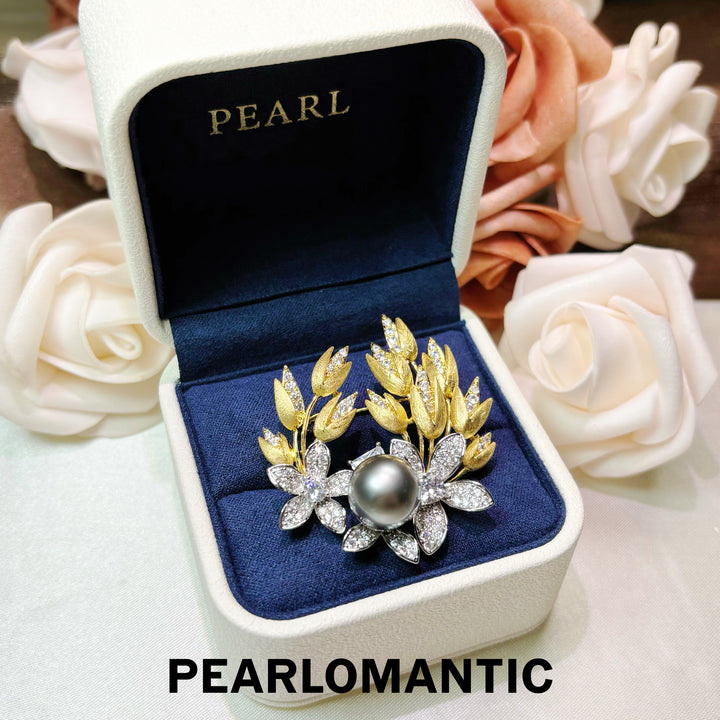 [Designer’s Choice] Golden Garden 12mm 5A Tahitian Platinum Gray Pearl Brooch