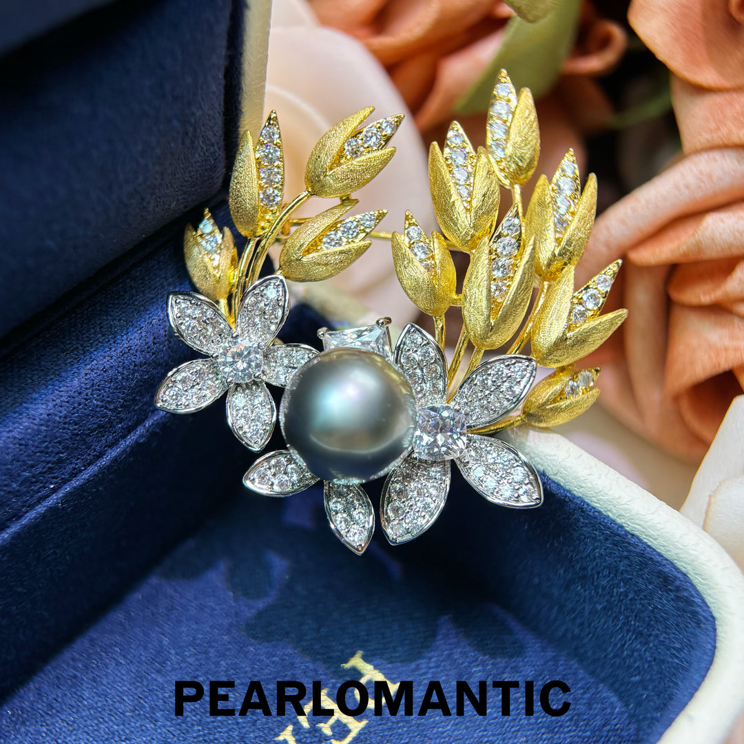[Designer’s Choice] Golden Garden 12mm 5A Tahitian Platinum Gray Pearl Brooch