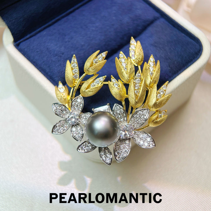 [Designer’s Choice] Golden Garden 12mm 5A Tahitian Platinum Gray Pearl Brooch