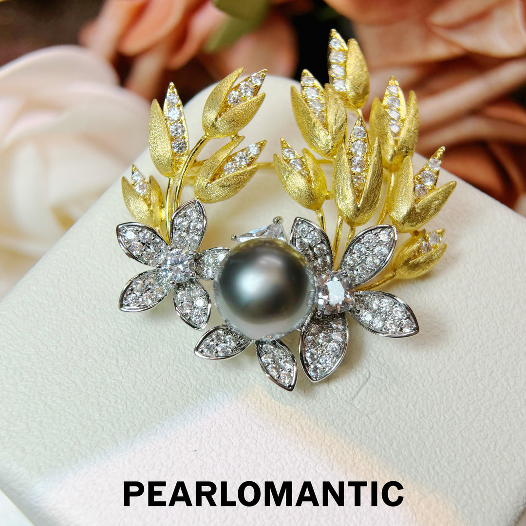 [Designer’s Choice] Golden Garden 12mm 5A Tahitian Platinum Gray Pearl Brooch