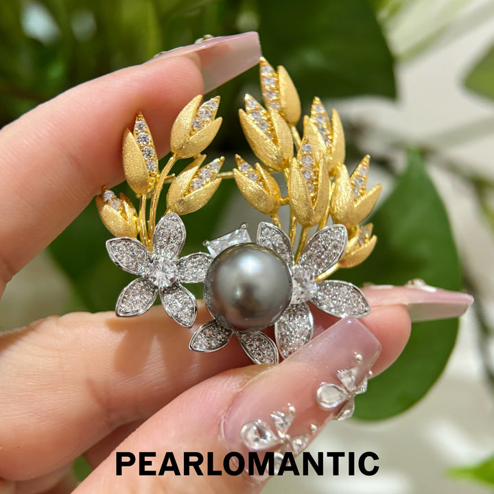 [Designer’s Choice] Golden Garden 12mm 5A Tahitian Platinum Gray Pearl Brooch