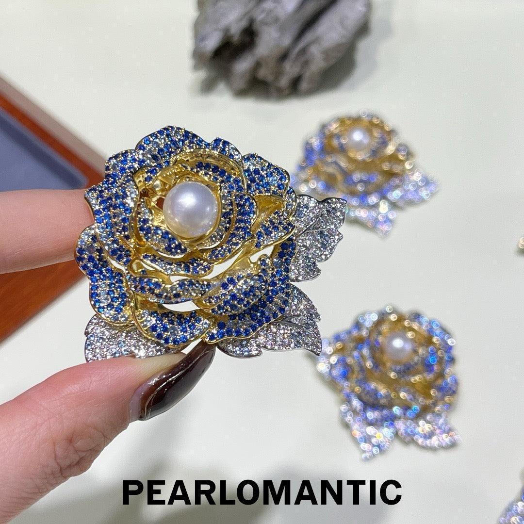 [Designer’s Choice] Blue Garden Freshwater Pearl Crystal Rose Brooch