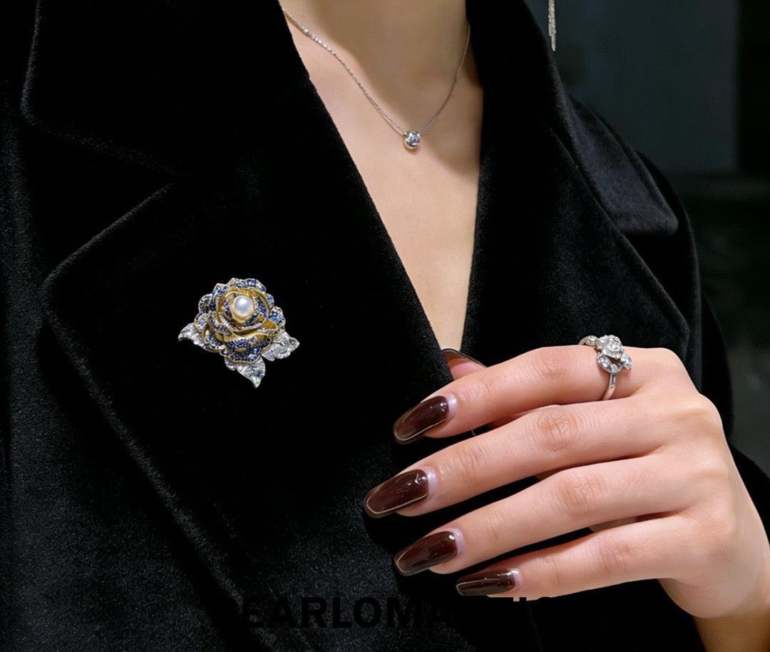[Designer’s Choice] Blue Garden Freshwater Pearl Crystal Rose Brooch