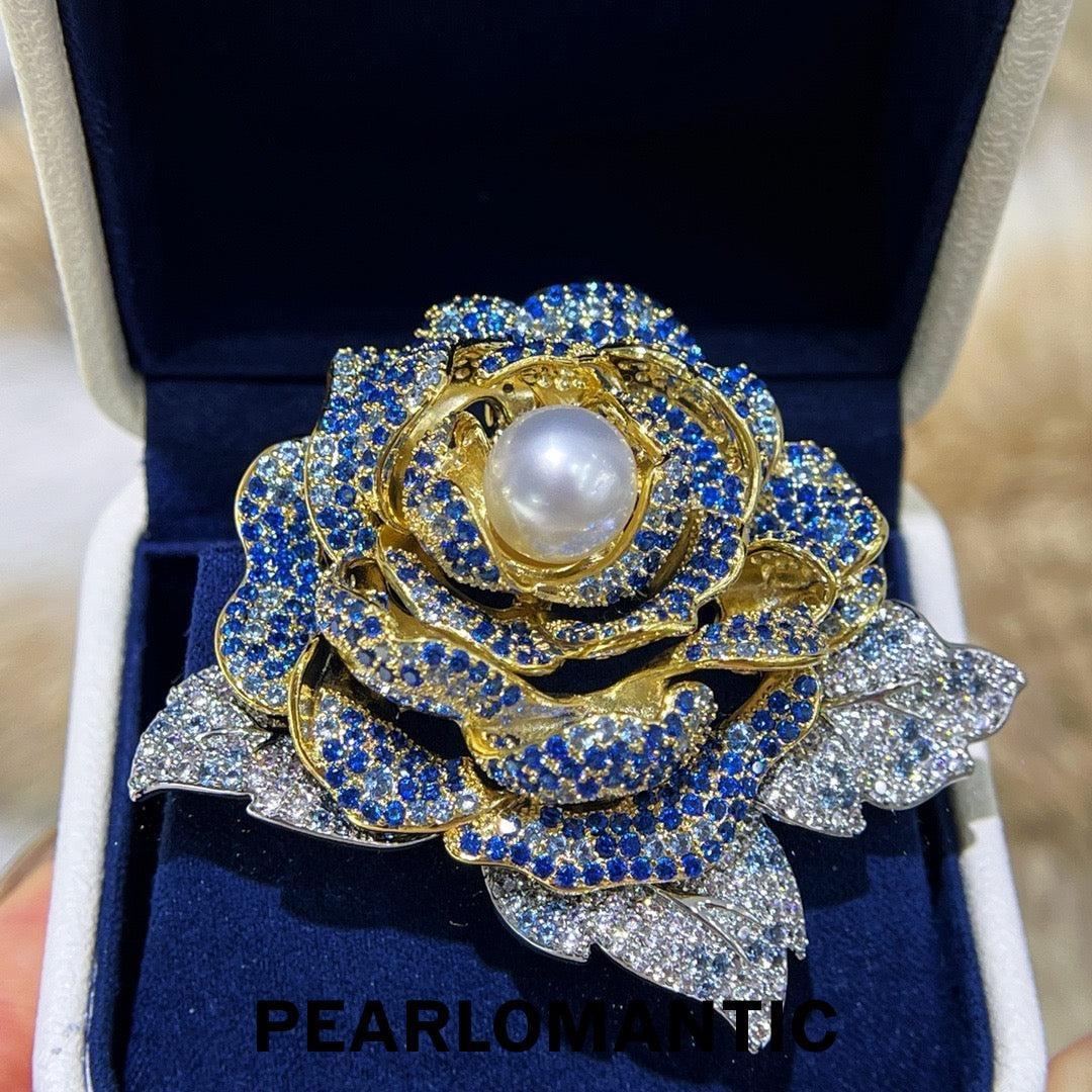 [Designer’s Choice] Blue Garden Freshwater Pearl Crystal Rose Brooch