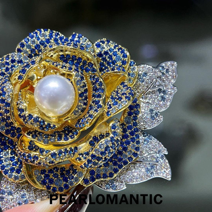 [Designer’s Choice] Blue Garden Freshwater Pearl Crystal Rose Brooch