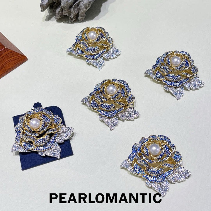 [Designer’s Choice] Blue Garden Freshwater Pearl Crystal Rose Brooch